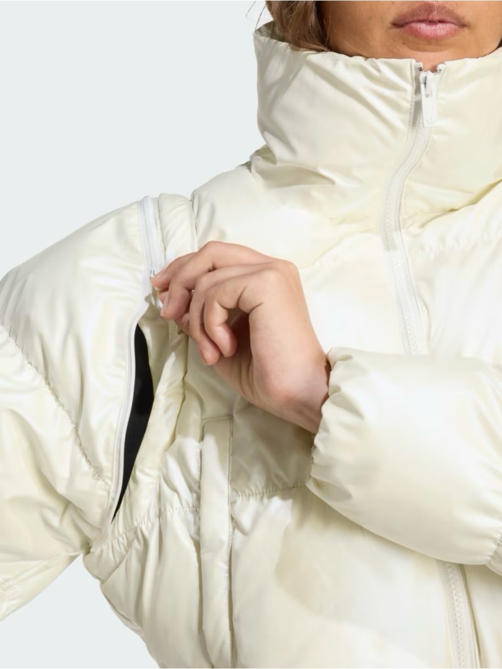 Adidas Originals Essentials Glossy 2-in-1 Cropped Puffer Jacket Ivory L NWT - Picture 7 of 10